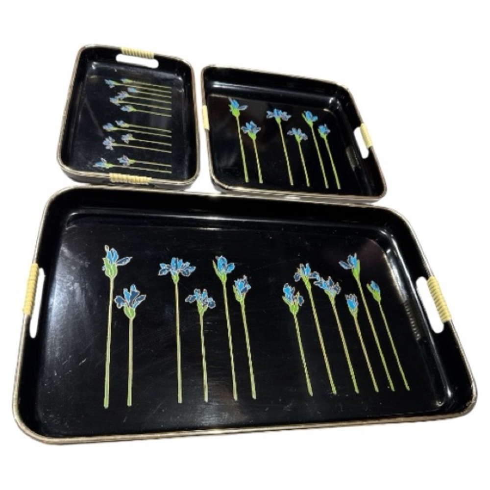 Set of 3 Japanese Lacquerware Nesting Serving Trays Blue Irises Woven Handles - Picture 3 of 12